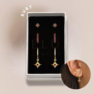 SET: Ruby Starburst Hoop Earring Set • Everyday Ear Stack • Gift • Gifts for her • Holiday