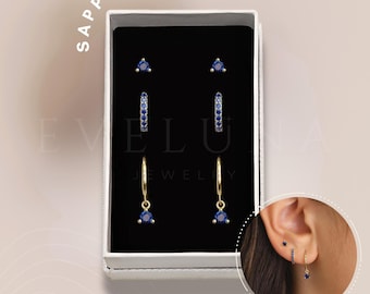 SET: Sapphire Gemstone Dainty Hoop Earring Set • Everyday Ear Stack • Gift • Gifts for her • Holiday Gift