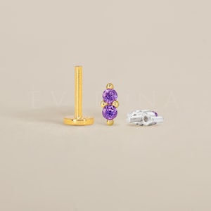 FLAT BACK: Amethyst Double Flat Back Labret • Cartilage Stud • Helix Earring • Conch Piercing • Tragus Stud • Birthstone Earrings