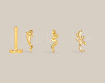FLAT BACK: Koi Serpent Gecko Flat Back Labret • Cartilage Stud • Helix Earring • Conch Piercing • Tragus Stud • Birthstone Earrings