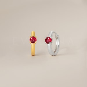 HOOPS: Ruby Single Stone Huggie Hoop Earrings • Ruby Earrings • Birthstone Earrings • Gift For Her • Dainty Hoop Earrings • Gold Huggies