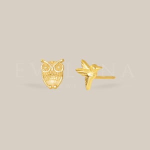 CLOUS : boucles d'oreilles chouette et colibri • Petits clous d'oreilles • Boucles d'oreilles oiseau • Cadeau pour elle • Puces d'oreilles fines