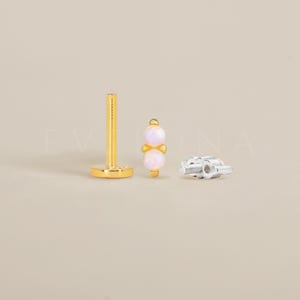 FLAT BACK: White Opal Double Flat Back Labret • Cartilage Stud • Helix Earring • Conch Piercing • Tragus Stud