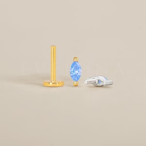 FLAT BACK: Aquamarine Marquise Flat Back Labret • Cartilage Stud • Helix Earring • Conch Piercing • Tragus Stud • Birthstone Earrings