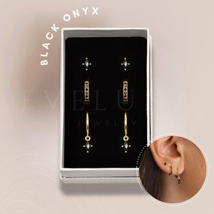 SET: Black Onyx Gemstone Hoop Earring Set • Everyday Ear Stack • Gift • Gifts for her • Holiday