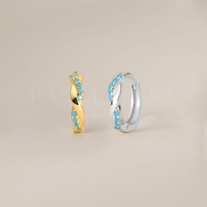 HOOPS: Turquoise Twisted Paved Hoop Earrings • Turquoise Earrings • Turquoise Earrings • Gift For Her • Dainty Hoop Earrings
