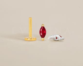 FLAT BACK: Ruby Marquise Flat Back Labret • Cartilage Stud • Helix Earring • Conch Piercing • Tragus Stud • Birthstone Earrings
