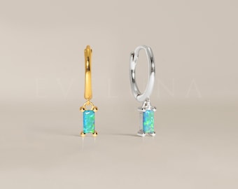 HOOPS: Blue Opal Baguette Gemstone Dangle Hoop Earrings • Opal Earrings • Gift For Her • Minimalist Earrings • Bridesmaid Gift