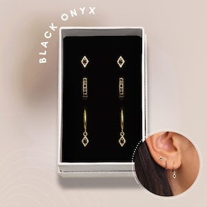 SET: Black Onyx Charm Hoop Earring Set • Everyday Ear Stack • Gift • Gifts for her • Holiday Gift