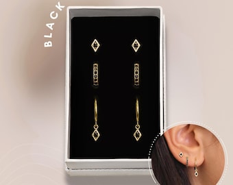 SET: Juego de pendientes de aro con dije de ónix negro • Pendientes apilables para uso diario • Regalo • Regalos para ella • Regalo de vacaciones
