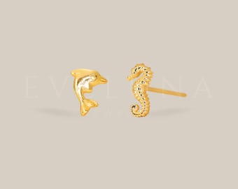 Tachuelas: Tachuelas de delfín y caballito de mar • Tachuelas pequeñas • Aretes de criaturas marinas • Regalo para ella • Tachuelas delicadas