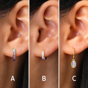 HOOPS: Purple Opal Huggie Hoop Earrings • Opal Inlay Earrings • Opal Jewelry • Gift For Her • Minimalist Earrings • Gold Hoop Earrings