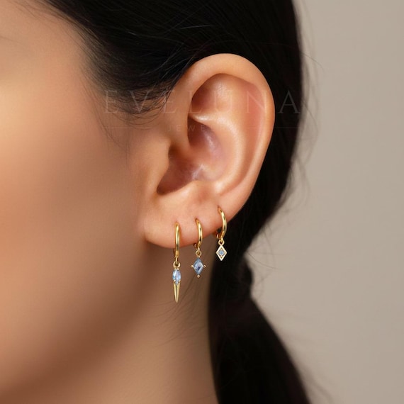HOOPS: Blue Zircon Charm Hoop Earrings • Zircon Earrings • Birthstone Earrings • Gift For Her • Gemstone Charm Earrings • Gold Hoop Earrings