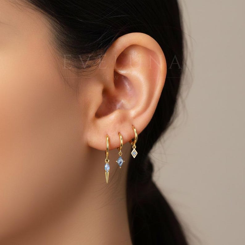 HOOPS: Blue Zircon Charm Hoop Earrings • Zircon Earrings • Birthstone Earrings • Gift For Her • Gemstone Charm Earrings • Gold Hoop Earrings 画像 1