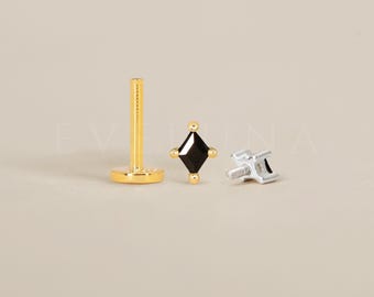 FLAT BACK: Black Onyx Flat Back Labret • Cartilage Stud • Helix Earring • Conch Piercing • Tragus Stud • Birthstone Earrings