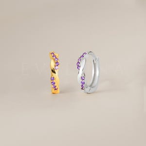 HOOPS: Amethyst Twisted Paved Hoop Earrings • Amethyst Earrings • Birthstone Earrings • Gift For Her • Dainty Hoop Earrings