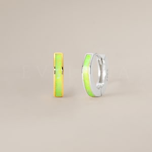 HOOPS: Lime Fluorescent Green Opal Inlay Huggie Hoop Earrings • Opal Huggie Earrings • Opal Jewelry • Gift For Her • Bridesmaid Gift