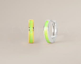 HOOPS: Lime Fluorescent Green Opal Inlay Huggie Hoop Earrings • Opal Huggie Earrings • Opal Jewelry • Gift For Her • Bridesmaid Gift