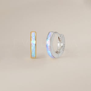 HOOPS: Blue Opal Inlay Huggie Hoop Earrings • Blue Opal Huggie Earrings • Opal Jewelry • Gift For Her • Minimalist Earring • Bridesmaid Gift