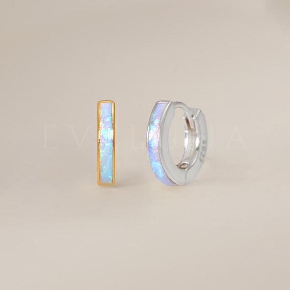 HOOPS: Blue Opal Inlay Huggie Hoop Earrings • Blue Opal Huggie