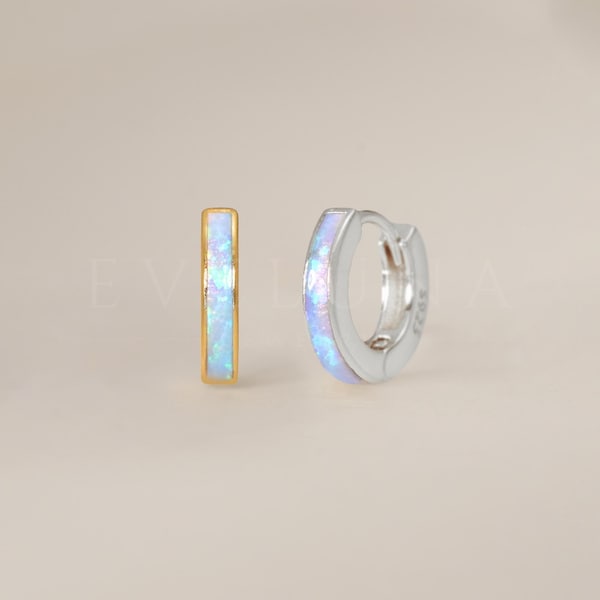 HOOPS: Blue Opal Inlay Huggie Hoop Earrings • Blue Opal Huggie Earrings • Opal Jewelry • Gift For Her • Minimalist Earring • Bridesmaid Gift