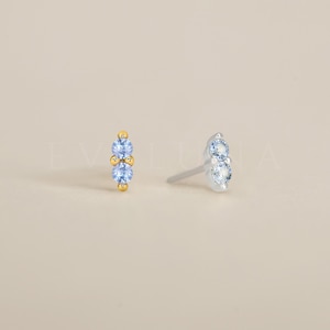 STUDS: Blue Zircon Tiny Double Stud Earrings • Birthstone Earrings • Gift For Her • Gemstone Earring • Birthstone Jewelry • Minimalist