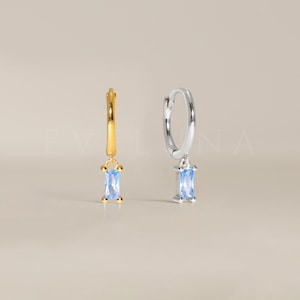 HOOPS: Aquamarine Baguette Gemstone Dangle Hoop Earrings • Birthstone Earrings • Gift For Her • Birthstone Jewelry • Gold Hoop