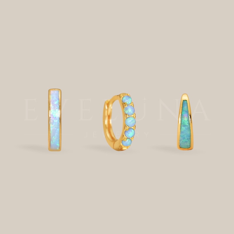 HOOPS: Blue Fire Opal Huggie Hoop Earrings • Opal Inlay Earrings • Opal Jewelry • Gift For Her • Minimalist Earrings • Gold Hoop Earrings image 2