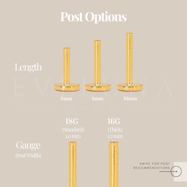 Może przedstawiać: Trzy złote opcje sztyft&oacute;w do kolczyk&oacute;w o długości 6 mm, 8 mm i 10 mm. Grubość sztyftu wynosi 1,0 mm dla rozmiaru 18 i 1,2 mm dla rozmiaru 16.