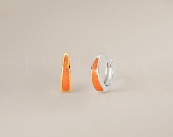 HOOPS: Tapered Orange Fire Opal Inlay Huggie Hoop Earrings • Opal Huggie Earrings • Opal Jewelry • Gift For Her • Bridesmaid Gift