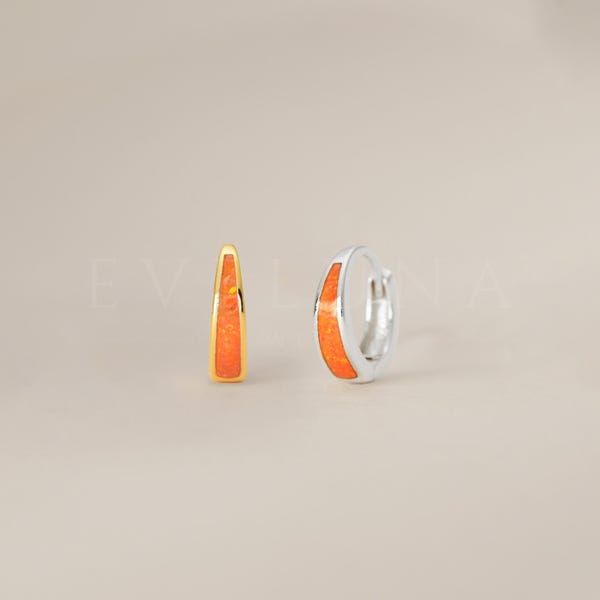 HOOPS: Tapered Orange Fire Opal Inlay Huggie Hoop Earrings • Opal Huggie Earrings • Opal Jewelry • Gift For Her • Bridesmaid Gift