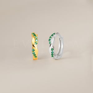 HOOPS: Emerald Twisted Paved Hoop Earrings • Emerald Earrings • Birthstone Earrings • Gift For Her • Dainty Hoop Earrings