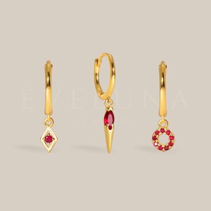 HOOPS: Ruby Charm Hoop Earrings • Ruby Earrings • Birthstone Earrings • Gift For Her • Gemstone Charm Earrings • Gold Hoop Earrings
