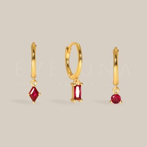 HOOPS: Ruby Dangle Hoop Earrings • Ruby Earrings • Birthstone Earrings • Gift For Her • Gemstone Earrings • Gold Hoop Earrings