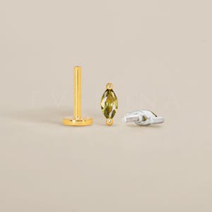 FLAT BACK: Peridot Marquise Flat Back Labret • Cartilage Stud • Helix Earring • Conch Piercing • Tragus Stud • Birthstone Earrings