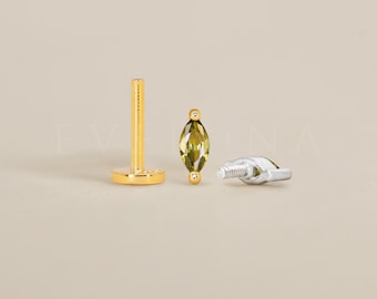 PLATTE ACHTERKANT: peridot Marquise labret met platte achterkant • Kraakbeenknop • Helixoorbel • Conch-piercing • Tragussteker • Geboortesteenoorbellen