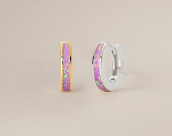 HOOPS: Purple Opal Inlay Huggie Hoop Earrings • Opal Huggie Earrings • Opal Jewelry • Gift For Her • Minimalist Earrings • Bridesmaid Gift