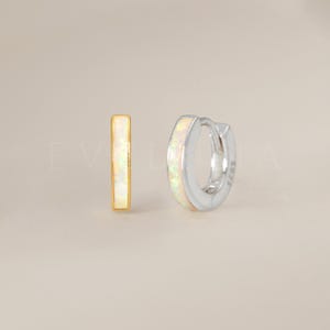 HOOPS: White Opal Inlay Huggie Hoop Earrings • Opal Huggie Earrings • Opal Jewelry • Gift For Her • Minimalist Earrings • Bridesmaid Gift