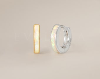 HOOPS: White Opal Inlay Huggie Hoop Earrings • Opal Huggie Earrings • Opal Jewelry • Gift For Her • Minimalist Earrings • Bridesmaid Gift