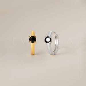 HOOPS: Black Onyx Single Stone Huggie Hoop Earrings • Black Onyx Earring • Birthstone Earrings • Gift For Her • Dainty Hoop Earrings
