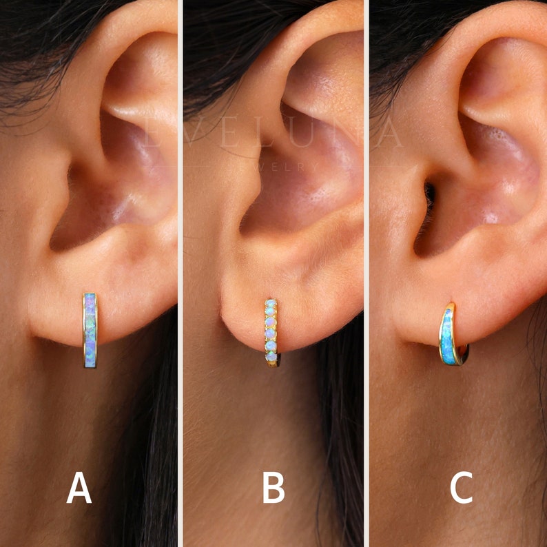 HOOPS: Blue Fire Opal Huggie Hoop Earrings • Opal Inlay Earrings • Opal Jewelry • Gift For Her • Minimalist Earrings • Gold Hoop Earrings image 3