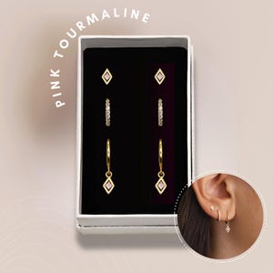 SET: Pink Tourmaline Charm Hoop Earring Set • Everyday Ear Stack • Gift • Gifts for her • Holiday Gift