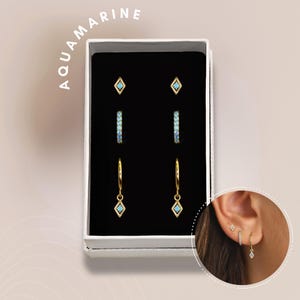 SET: Aquamarine Charm Hoop Earring Set • Everyday Ear Stack • Gift • Gifts for her • Holiday Gift