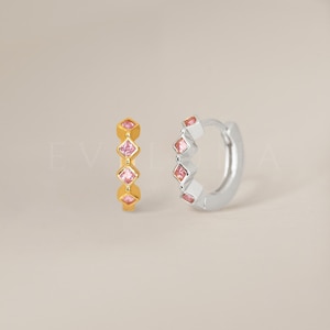 HOOPS: Pink Tourmaline Bezel Huggie Hoop Earrings • Birthstone Earrings • Gift For Her • Dainty Hoop Earrings • Gold Huggies