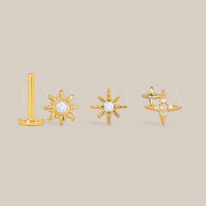 ESPALDA PLANA: Pequeño labio con espalda plana de estrella y sol celestial • Perno prisionero para cartílago • Pendiente de hélice • Perforación de caracola • Perno prisionero para trago • Pendientes con piedra de nacimiento