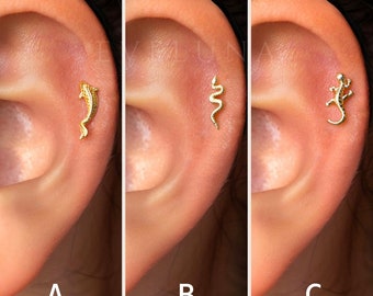 FLAT BACK: Koi Serpent Gecko Flat Back Labret • Cartilage Stud • Helix Earring • Conch Piercing • Tragus Stud • Birthstone Earrings