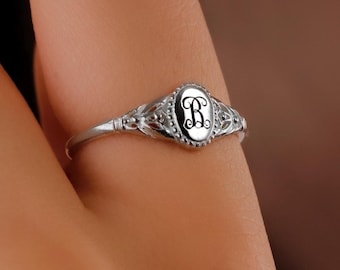 Sterling Silver Initial Signet Pinky Ring: Personalized Gothic Jewelry