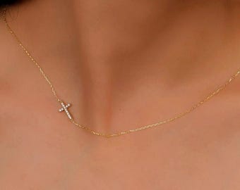 Gold Sideways Cross Necklace • CZ Stone Tiny Pendant Jewelry