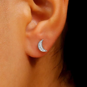 Dainty Crescent Moon • Tiny Moon Stud Earrings with CZ Stone • Sterling Silver, Rose Gold and Gold