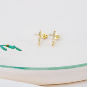 Cross Stud Earrings • Small Cross Earrings • Tiny Cross Stud Jewelry by SilverGoldandRose • Religious Jewelry • CZ Diamond Cross